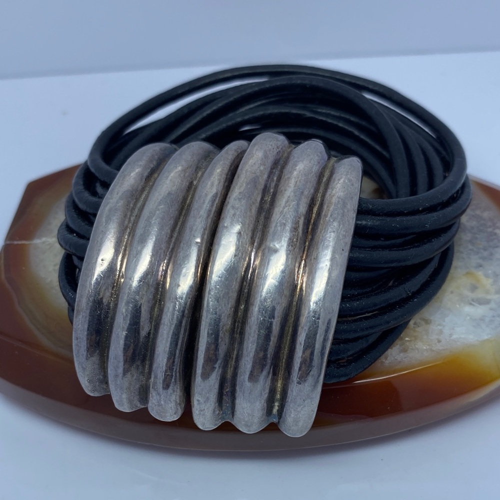 Multi-Strand Black leather Bracelet with Sterling Silver magnetic clasp Israel